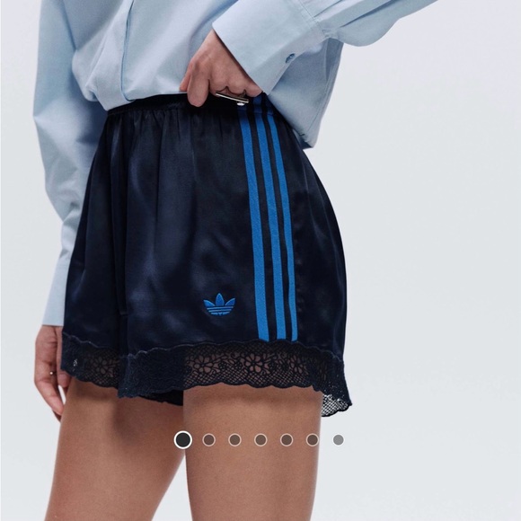 adidas Pants - adidas Originals x ASOS regular fit lace hem shorts in navy satin